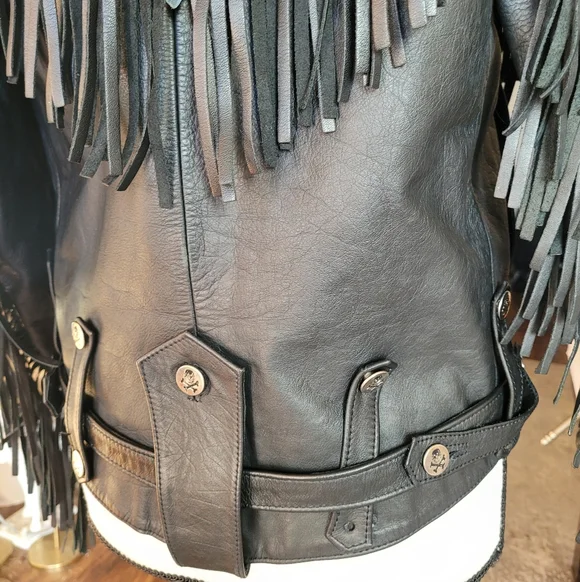Veducci Vintage Edgy Black Leather Fringe Western Jacket - Picture 5 of 7